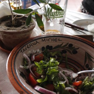 Taverna Michel, Kolymbia, Rhodes.......Souvlaki, Greek Salad and Oven Baked Greek Cheese - yummo is the only way to describe this feast at this small taverna, out of sight from the main strip!