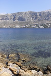 The view from the island back to the hotel in Masouri.